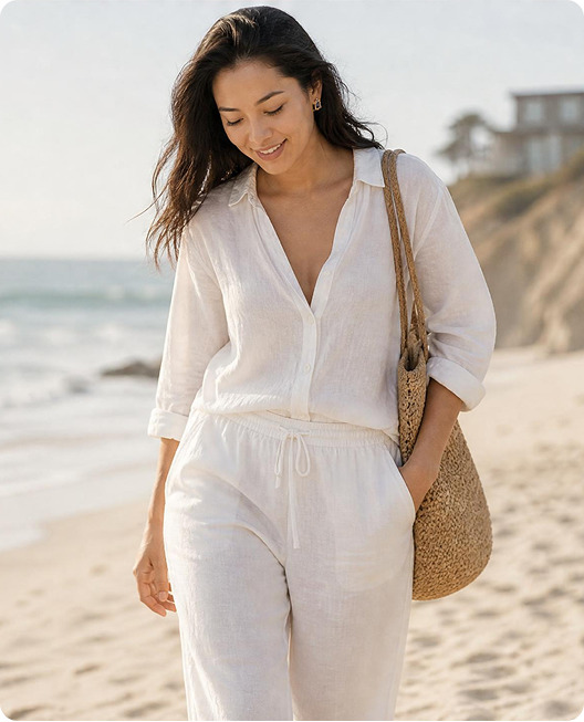 Woman on beach holding bag